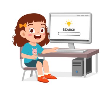 cute little kid use computer to study internet