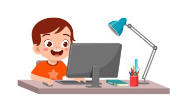 cute little kid use computer to study internet