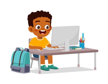 cute little kid use computer to study internet