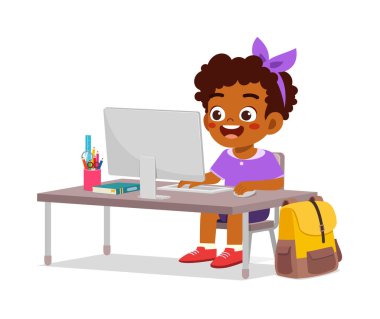 cute little kid use computer to study internet