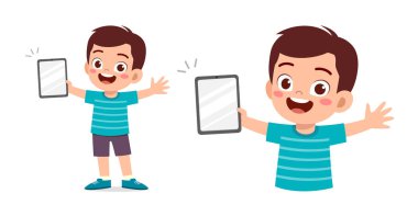 little kid holding smartphone and feel happy