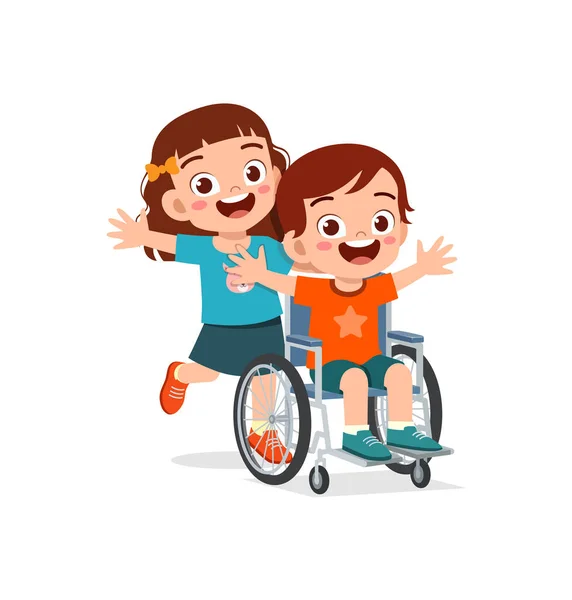 Little Kid Sit Wheelchair Friend Feel Happy — Vettoriale Stock