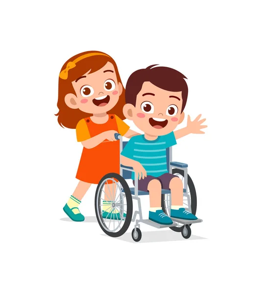 Little Kid Sit Wheelchair Friend Feel Happy — Vetor de Stock