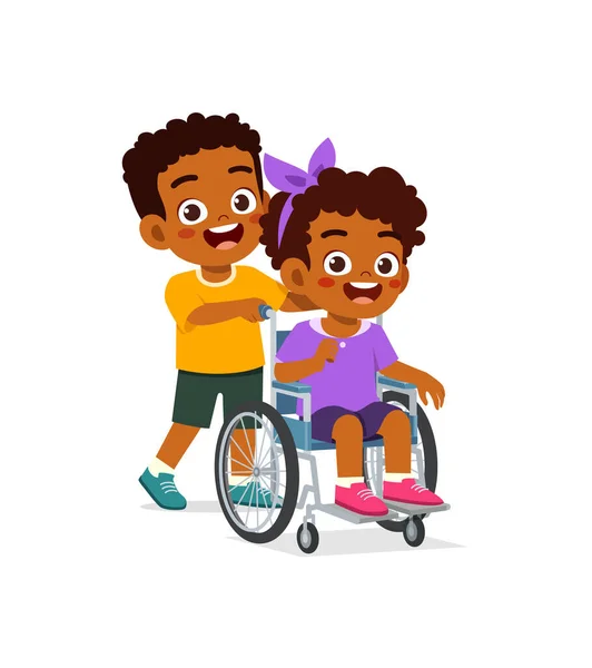 Little Kid Sit Wheelchair Friend Feel Happy — Vettoriale Stock