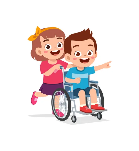 Little Kid Sit Wheelchair Friend Feel Happy — Vettoriale Stock