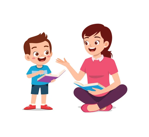 Little Kid Learn How Read Teacher — Vector de stock