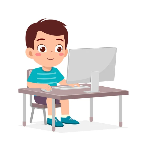 Cute Little Kid Use Computer Study Internet — Stock vektor