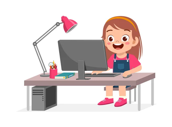 Cute Little Kid Use Computer Study Internet — Stockvektor