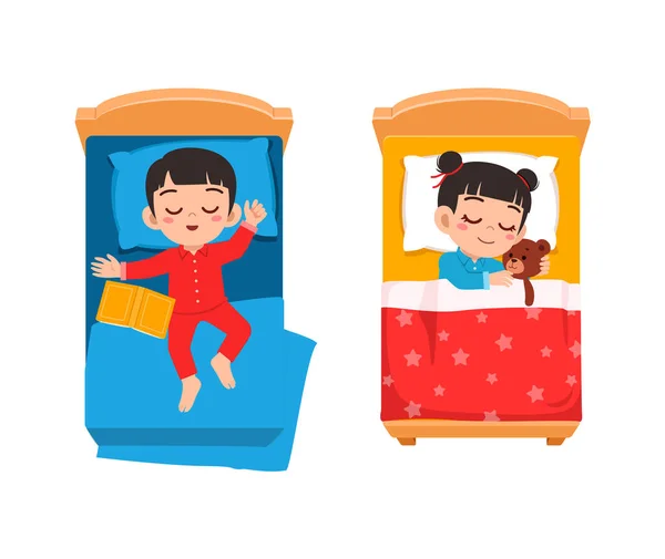 Μικρό Παιδί Κοιμάται Στο Δωμάτιο Κρεβάτι Και Αισθάνονται Άνετα — Διανυσματικό Αρχείο
