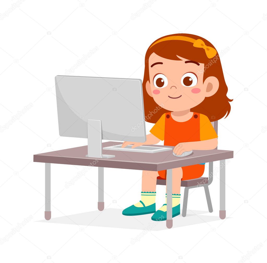 cute little kid use computer to study internet