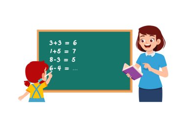little kid solving math problem on blackboard