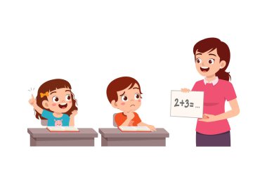 little kid study math in class with teacher