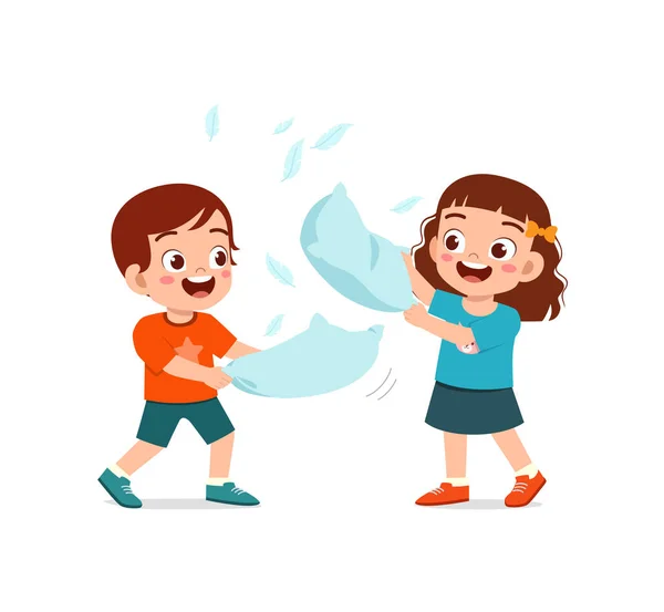 Little Kid Play Pillow Fight Friend — Stock vektor