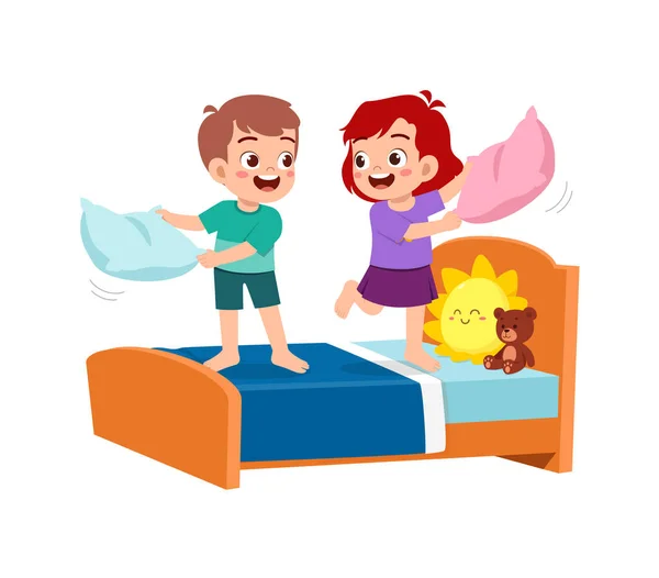 Little Kid Play Pillow Fight Friend — Vector de stock