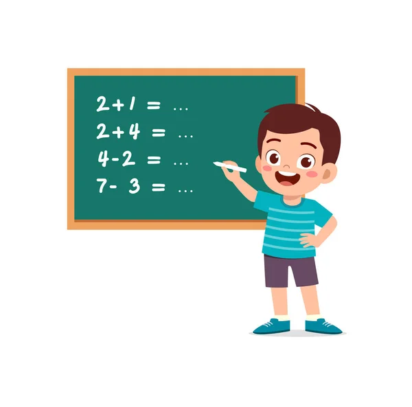 Little Kid Solving Math Problem Blackboard - Stok Vektor