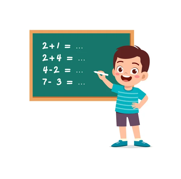 Little Kid Solving Math Problem Blackboard — Stock Vector