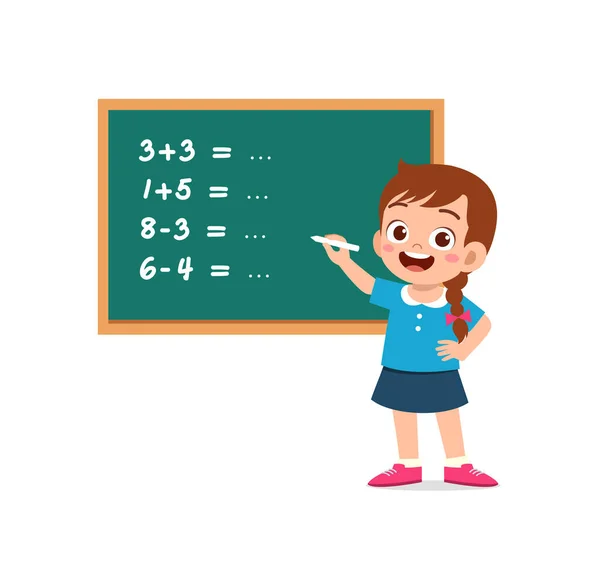 Little Kid Solving Math Problem Blackboard — Stok Vektör