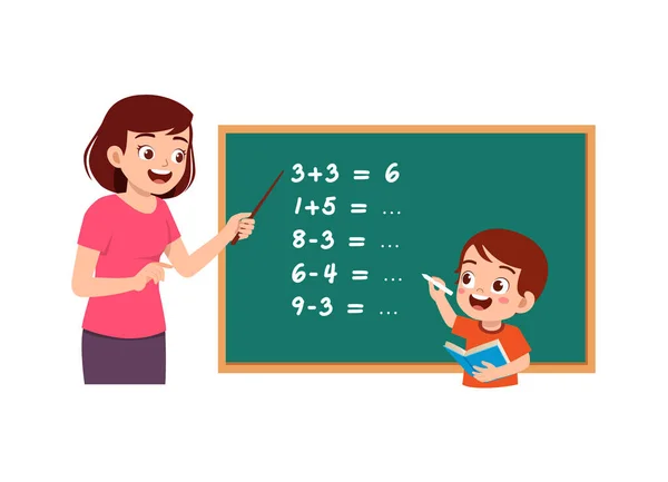 Little Kid Solving Math Problem Blackboard — Vetor de Stock