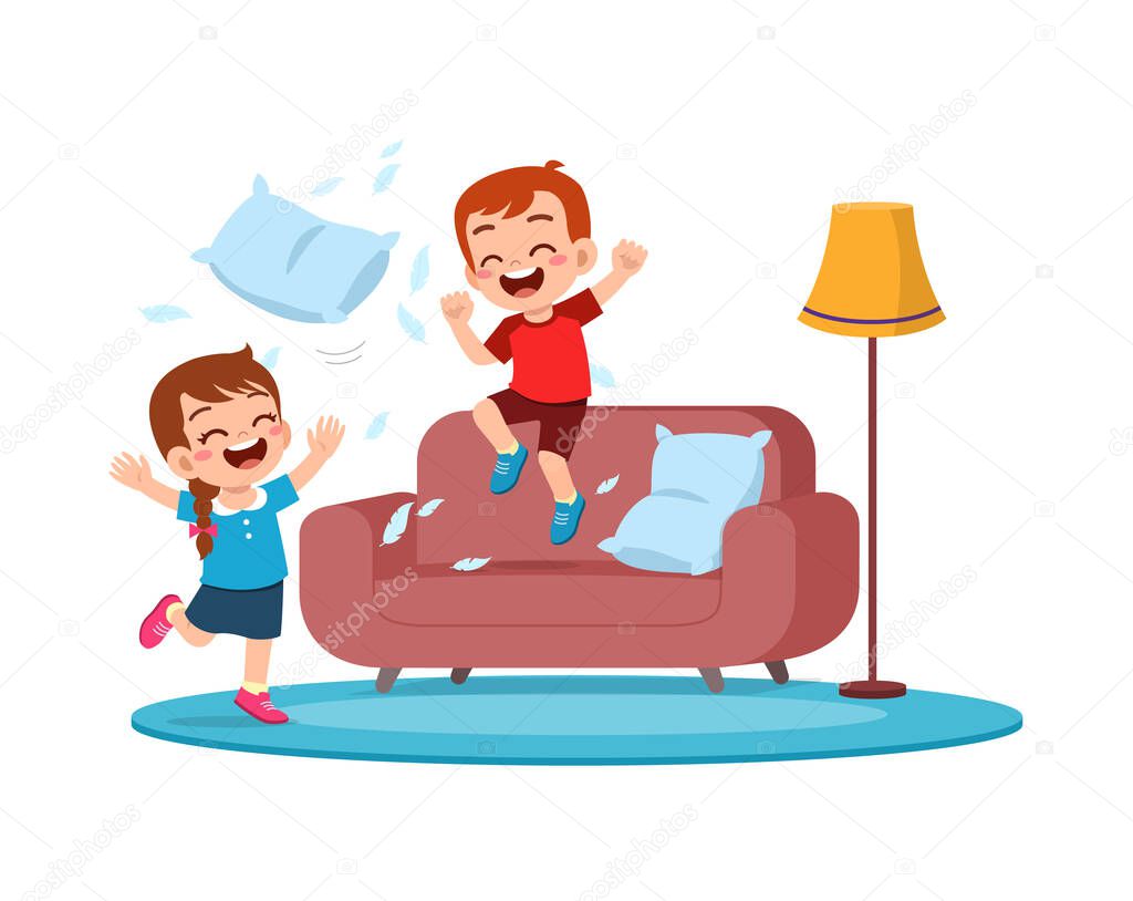 little kid play pillow fight with friend