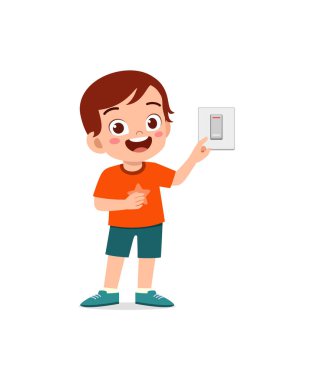 Küçük çocuk duvardaki elektrik düğmesine basıyor.