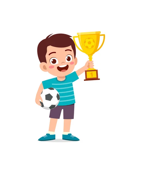 Маленька Дитина Виграє Футбольний Конкурс Тримає Трофей — стоковий вектор