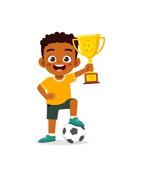 Pequena Criança Ganhar Competição Futebol Segurando Troféu —  Vetores de Stock