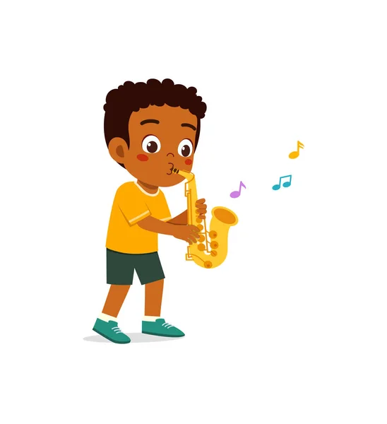 Pequena Criança Jogar Saxofone Sentir Feliz —  Vetores de Stock