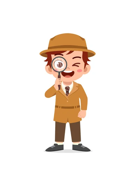 Niño Vistiendo Traje Detective Sosteniendo Lupa — Vector de stock