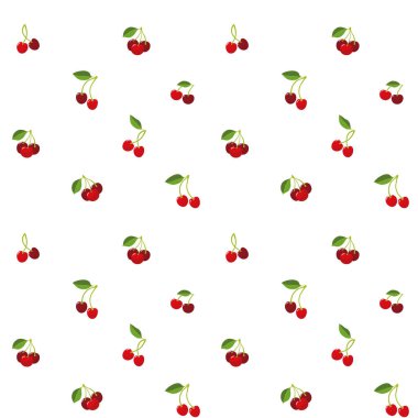 Beyaz zemin üzerinde kırmızı sulu kirazlar, desen
