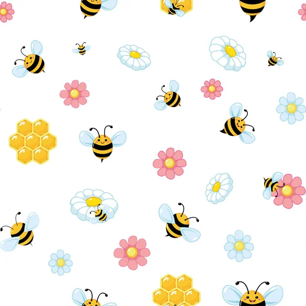 Cute funny bees, flowers and honey on a white background, pattern