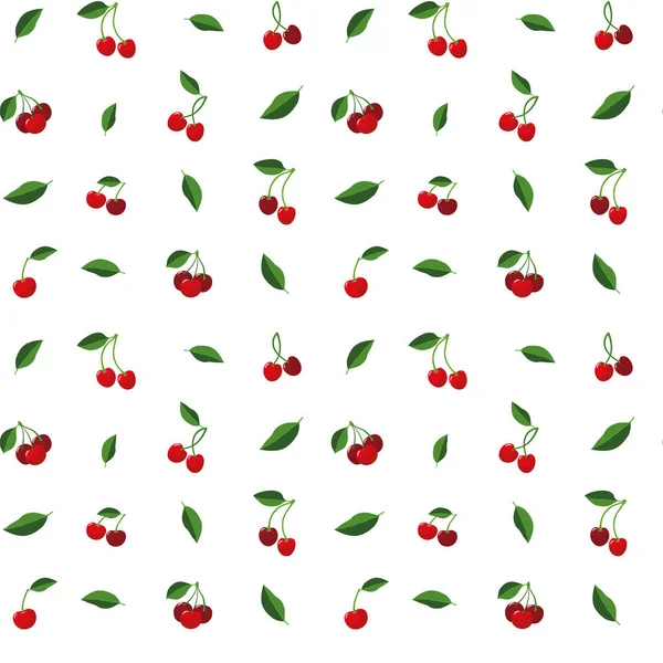 Red Ripe Juicy Cherries Green Leaves White Background Pattern — стоковое фото