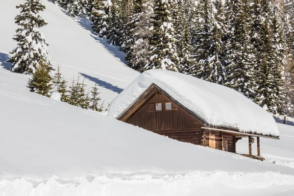 Paesaggio invernale con capanna in legno e alberi — Stockfoto