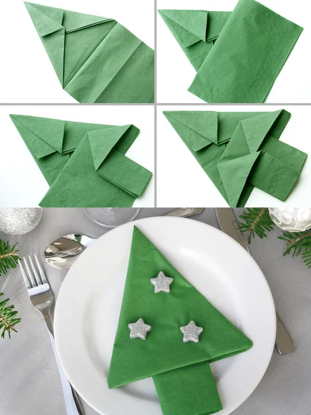 Christmas tree napkin folding — Stock Photo, Image
