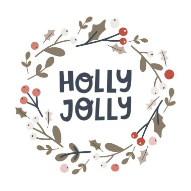 Holly Jolly harfli Holly çelengi. El çizimi vektör illüstrasyonu