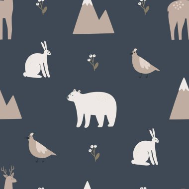 Kış hayvanlarının, beyaz ayıların, kuşların kusursuz desenleri. El çizimi vektör çizimi.