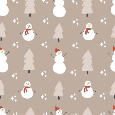 Kardan adam ve noel ağacında kusursuz desen. El çizimi vektör çizimi