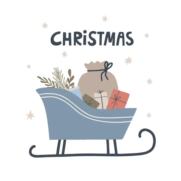 Papai Noel trenó com saco e presentes, letras holly alegres. Ilustração vetorial desenhada à mão —  Vetores de Stock