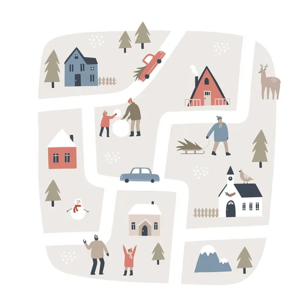 人々が冬の活動を行うクリスマスの町の地図。手描きベクトルイラスト — ストックベクタ