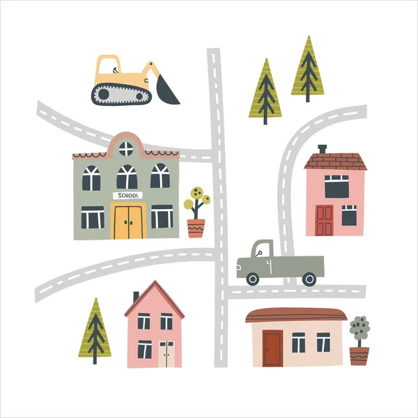 Cute town map. Hand drawn vector illustration for nursery — Stock Vector