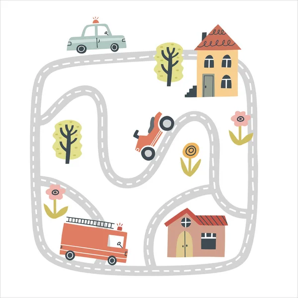 Cute town map. Hand drawn vector illustration for nursery —  Vetores de Stock