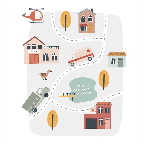 Cute town map. Hand drawn vector illustration for nursery — ストックベクタ
