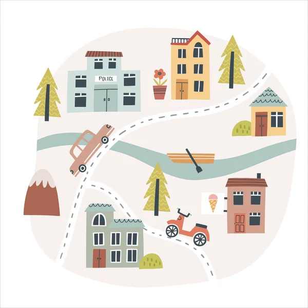 Cute town map. Hand drawn vector illustration for nursery —  Vetores de Stock