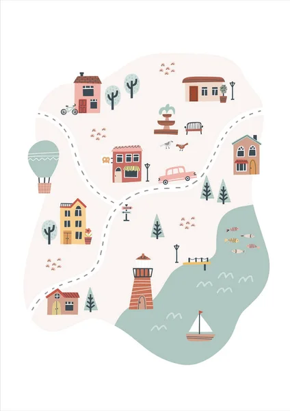Cute town map. Hand drawn vector illustration for nursery — 스톡 벡터