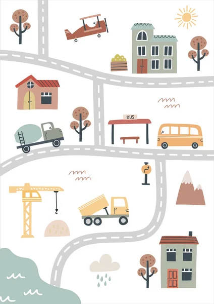 Cute town map. Hand drawn vector illustration for nursery —  Vetores de Stock