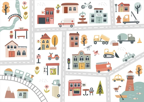 Cute town map. Hand drawn vector illustration for nursery — ストックベクタ