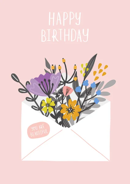 Carta con flores. Ilustración vectorial dibujada a mano. Concepto de tarjeta de cumpleaños — Vector de stock