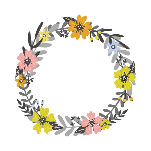 Corona floral redonda. Ilustración vectorial dibujada a mano. Concepto de tarjeta o invitación — Archivo Imágenes Vectoriales