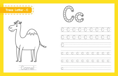 C harfi büyük ve küçük harf. Sevimli çizgi filmlerdeki hayvanlarla İngilizce öğrenen çocuklar için alfabe takip alıştırması. Kreş için boyama kitabı, anaokulu. Vektör illüstrasyonu