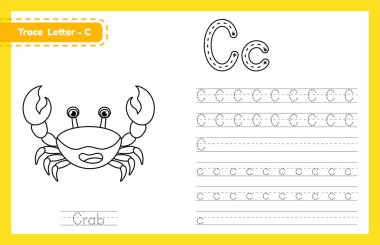 C harfi büyük ve küçük harf. Sevimli çizgi filmlerdeki hayvanlarla İngilizce öğrenen çocuklar için alfabe takip alıştırması. Kreş için boyama kitabı, anaokulu. Vektör illüstrasyonu