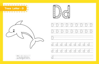 D harfi büyük ve küçük harf. Sevimli çizgi filmlerdeki hayvanlarla İngilizce öğrenen çocuklar için alfabe takip alıştırması. Kreş için boyama kitabı, anaokulu. Vektör illüstrasyonu